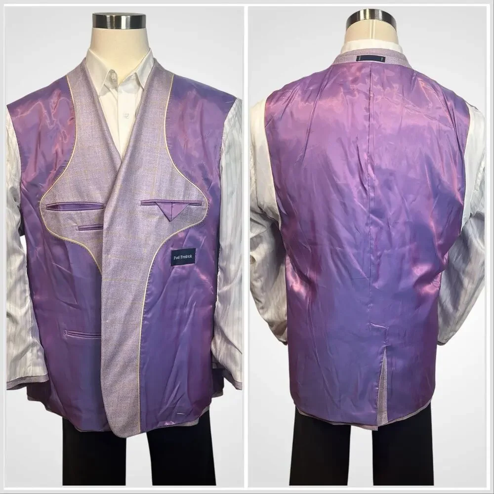 Paul Fredrick Blazer 50R Purple Lavender Camel Gold Plaid Herringbone Silk Wool